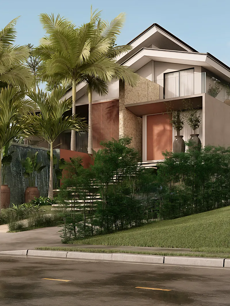 Projeto de sobrado com jardim tropical e telhado inclinado